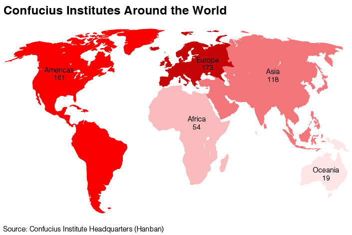 Map of Confucius Institutes by continent in 2018